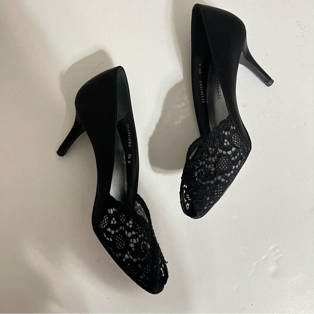 Stuart Weitzman Black Lace Peep Toe Heels - Picture 8 of 12